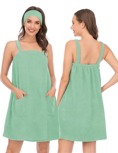Image of Veseacky Women Bath Wrap Towel for Womens Shower with Pocket Adjustable Spa Robe & Facial Headband