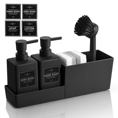 AJEUNGAIN Distributeur Liquide Vaisselle Noir Cuisine & Salle de Bain, Ensemble Distributeur Savon Cuisine Porte Eponge, Compact Organisateur Evier (Noir)