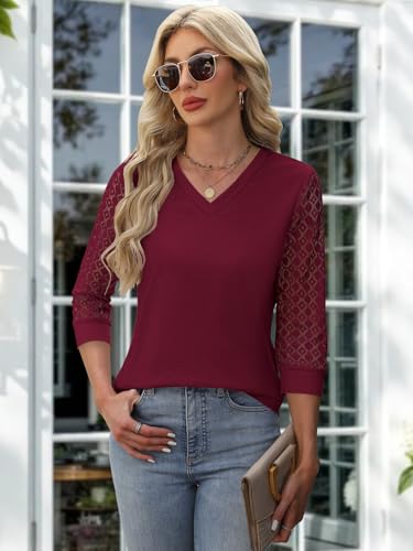 Womens Summer Tops 3/4 Length Sleeve Blouses Dressy Casual Shirts for Women Spring Fashion Ladies V Neck Lace Tshirts4