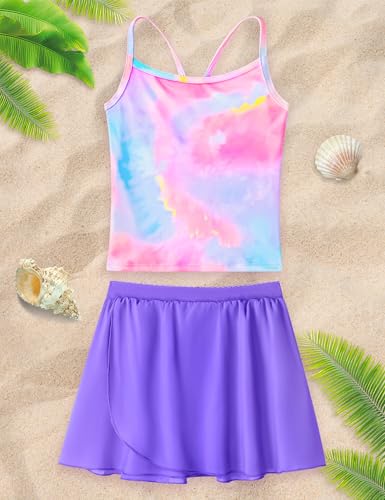 Image of Girls Swimsuit 3 Piece Sleeveless Bathing Suit Sets with Skirt Swimwear Rash Guard for Kids Beach UPF 50+ Sun Protection