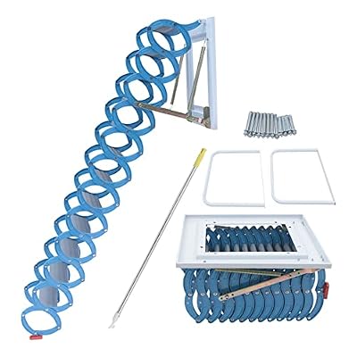 Wall-Mounted Retractable Attic Ladder Pull Down System-12 Steps Al-Mg Alloy Attic Stairs, 10.17FT Wall-Mounted Collapsible Loft Ladder with Armrests, Retractable Attic Ladder (Blue)