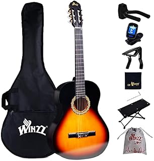 Winzz Classical Guitar Full Size 4/4, Beginner Spanish Guitar for Adults and Children Age 12+ Years, Complete Accessories, Nice Chritsmas Gifts Guitar (Glossy Sunburst, Nylon Strings)