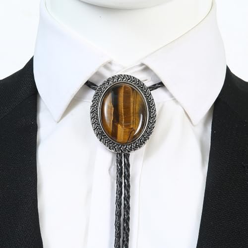 Image of Bolo Tie for Men Women Cowboy Turquoise Celtic Natural Tiger Eye Stone Longhorn Bull Western Leather Bolo Necktie