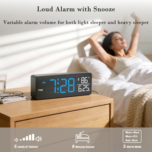 Image of DreamSky Wooden Digital Alarm Clock with Date & Day of Week for Bedroom | Large Display Desk Clock for Living Room, Temperature, Dimmer, Adjustable Volume, Auto DST, Office Wood Decor (Plug-in)