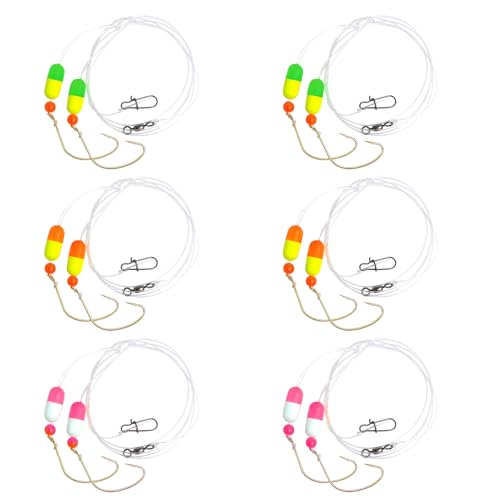 Eupheng Saltwater Pre Rigged Pompano Rigs for Surf Fishing High Low Rigs with Floats Beads Double Circle/Wide Gap Hooks 6/12PCS (6PCS-1/0# Wide Gap Hook-3 Colors (Each Color 2))