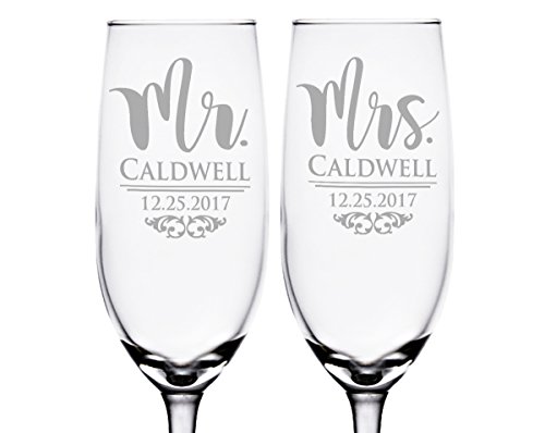 Classy Mr and Mrs Champagne Glasses Personalized Set of 2 Registry for Bride Groom Wedding Anniversary Celebratory Favor for Husband Wife