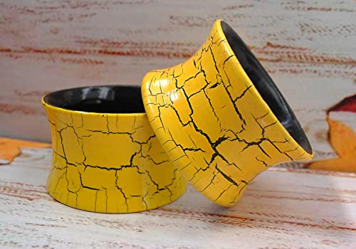 Sunken Sunny - Handmade Concave Shaped Wooden Bangle Hand Painted In Empire Yellow & Processed To Crackle Finish Revealing Black Base Color In A Pure Cotton Designer Gift Bag For Girls & Women #TOP4