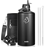 Jarra de agua BUZIO de 3,6 L con tapón asa y pajita, botella de acero inoxidable doble pared, calidad alimentaria 18/8, termo, mantiene frío 48h y caliente 24h, Negro
