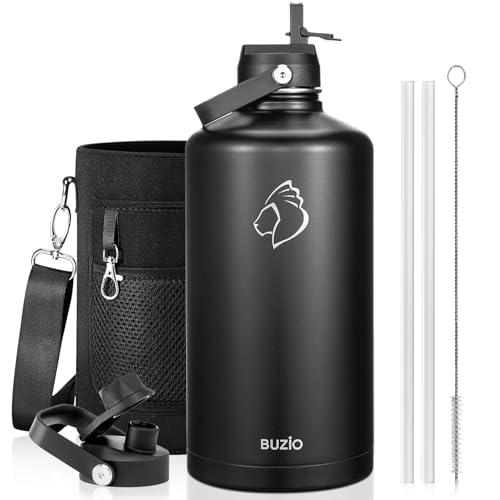 BUZIO 1 Gallon Water Jug with Straw Handle Lid, 128oz Water Bottle Stainless Steel Double Wall Hydro Jug 18/8 Food Grade Thermo Mug Keep Cold 48H & Hot 24H, Black 128 Ounces Black