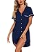 Ekouaer Nightgowns for Women Button Down Night Gowns Short Sleeve Sleep Shirt V Neck Nightshirt Soft Sleepwear Pajams Dress Navy Blue Medium
