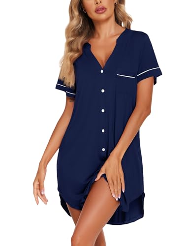 Image of Ekouaer Nightgowns for Women Button Down Night Gowns Short Sleeve Sleep Shirt V Neck Nightshirt Soft Sleepwear Pajams Dress
