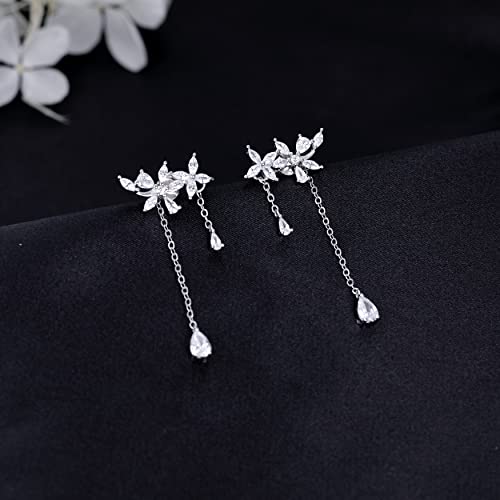 SLUYNZ 925 Sterling Silver CZ Flowers Wrap Earrings Dangle Chain for Women Elegant Bridal Wedding Earrings Engagement Drop (A-Silver)4