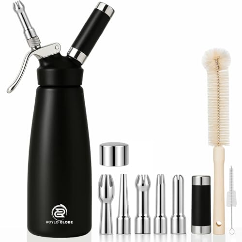 Professional 500 ml Aluminum Whipped Cream Dispenser With 5 Decorating Tips -Whipped Cream Maker With 2 Cleaning brushes-Heavy Duty Homemade Whipped Cream Canister 1 Pint (N20 Charger Not Included)