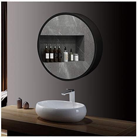 Specchio da Bagno Rotondo a LED, mobiletto per medicinali, Specchio da Parete, Interruttore Touch dimmerabile, Porta a Battente Singola, Nero a, 70 cm (Nero a 50 cm)