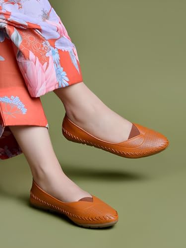 Image of Duosoft Comfort Walk Women's Perforated Leather Flats, Tan, Hand-Stitched, Breathable & Lightweight, Cushioned Insole, Flexible Sole