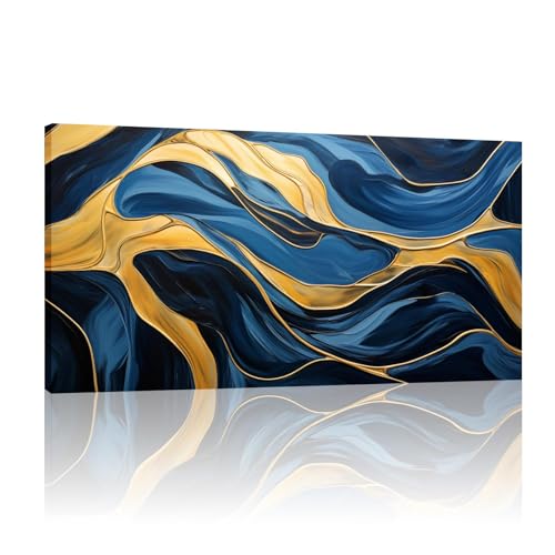 Art mural moderne bleu et or encadré idéal pour une chambre sereine