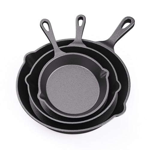 RAINBEAN Pre-Seasoned Cast Iron Skillet 3 Piece Set, Cast Iron Skillet Grill Pan with Handle for Grill, BBQ, Camping Fire, Stovetop, Kitchen and Camping Cookware RAINBEAN Pre-Seasoned Cast Iron Skillet 3 Piece Set, Cast Iron Skillet Grill Pan with Handle for Grill, BBQ, Camping Fire, Stovetop, Kitchen and Camping Cookware