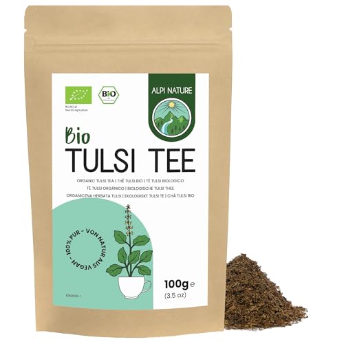 Alpi Nature Tulsi Té 100g, Tulsi Albahaca Sagrada Seca y Frotada, Hojas Sueltas de Tulsi