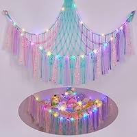 MHJY Toy Hammock Stuffed Animals Storage Net Soft Cuddly Toys Large Corner Hanging Net With LED Light Hand Woven Plush Macrame Organizer with Tassel for Kids Bedroom Nursery