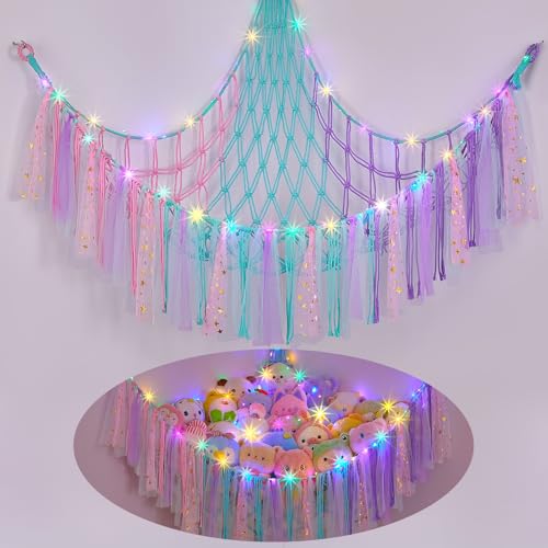 Image of FIOBEE Stuffed Animals Net LED Light Toy Hammock for Kids Bedroom Storage | Stuffed Animals Storage Organizer, Girls Room Decor, Teddy Bear Holder, Space Saving, for Kids Nursery Bedroom Playroom