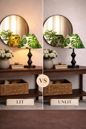 Image of tu casa Modern Table Lamp with Tropical Leaf Satin Shade | Metal Iron Base Decorative lamp for Living Room| Decorative Lighting for Living Room, Study & Home Decor, Designer Table Lamp for Gifting