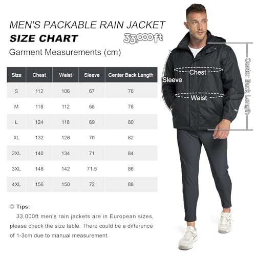 Foto von 33,000ft Regenjacke Herren Leicht Wasserdicht Faltbare Regenmantel mit Kapuze Fahrrad Rain Windbreaker Windjacke Camping Outdoor schwarz XXL