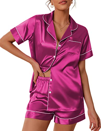 Ekouaer Women's Silk Pjs Set Short Sleeve Sleepwear Classy Loungewear Satin Pajama Sets (Pitaya Purple,M) #TOP11
