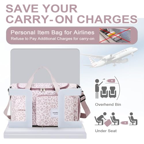 WOOMADA Foldable Travel Duffel Bag with Shoes Compartment, Overnight Bag with Wet Pocket, Weekender Carry On with cosmetic bag for Women（pink leopard）4