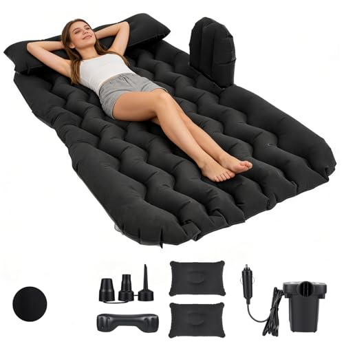 Car Bed Thickened Inflatable Car Air Mattress for Back Seat Portable Car Sleeping Bed with Electric Air Pump 2 Pillows Universal Blow Up Mattress for Car/SUV/Truck Camping Travel Tent Road Trip
