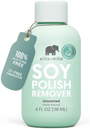 ella+mila Soy Nail Polish Remover – Unscented, Non-Acetone, Non-Toxic Fingernail Polish Remover for Natural Nails – Gentle, Vegan Formula Enriched with Vitamins A, C & E (4 fl oz)
