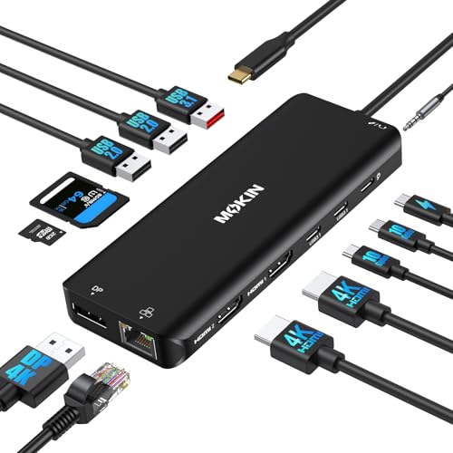 Image of USB C Laptop Docking Station Dual Monitor Dual HDMI 4K DP Triple Display Hub, 13 in 1 MOKiN USB C Hub with 3 Monitors, DisplayPort, USB 3.1, RJ45, 100W PD, Card Reader, Audio /Mic, for Dell HP, Black
