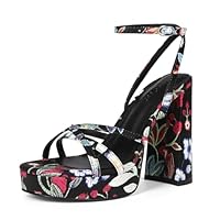 Abbleet Salto plataforma feminino com tiras bloco de tiras salto alto grosso bico aberto tira no tornozelo sandálias moda cadarço festa de casamento noite baile dança sapatos sociais, Floral-25new, 36