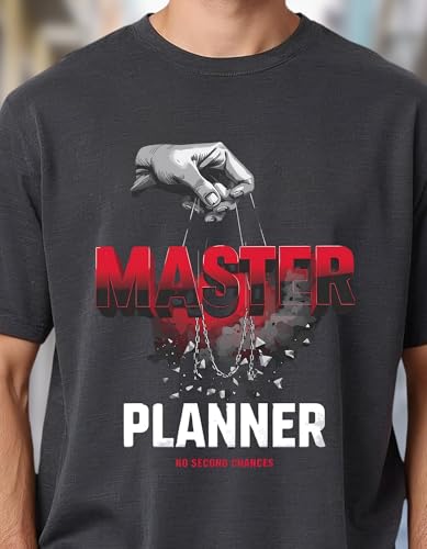Image of Oversized Charcoal Grey Graphic T Shirt for Men | Drop Shoulder Loose Fit | Master Planner Motivational Print | Streetwear Casual Cotton Tee