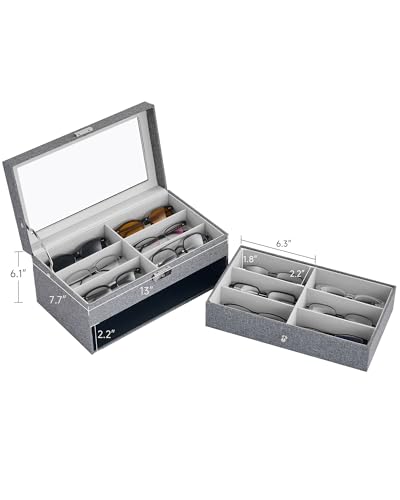 Image of CO-Z Sunglasses Organizer with 12 Slots, Linen Eyeglasses Storage Box for Women Men, 2 Story Lockable Display Case for Multiple Glasses, Sunglasses Jewelry Collection Holder with Drawer, Grey