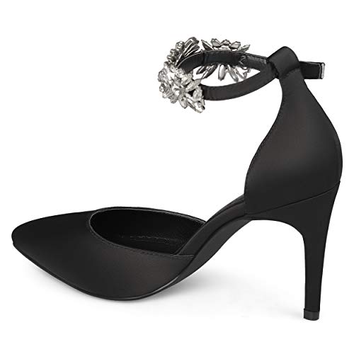 Brinley Co. Womens Lizzie Satin Pointed Toe Rhinestone Ankle Strap D'Orsay Stiletto Heels Black, 7.5 Regular US2