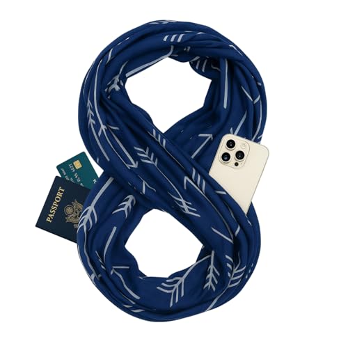 Pop Fashion Arrow Pattern Infinity Scarf for Women - Travel Scarf with Hidden Pocket - Women Infinity Scarves for All Seasons (Navy)