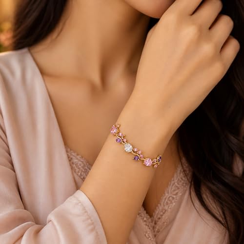 Image of Tulip Bracelet for Women & Girls, Gold Plated Pink Crystal Floral Bracelet, Adjustable Chain Stylish Jewellery, Elegant Gift for Her, Trendy Fashion Accessory