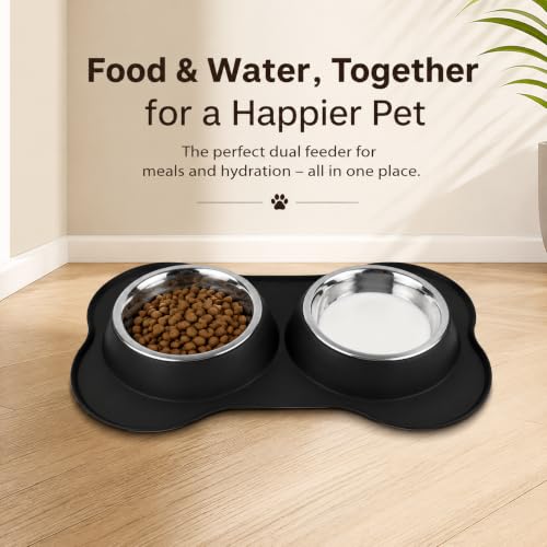 Image of Dog Bone Shaped Stainless Steel Pet Bowl Combo with Non-Slip Silicone Base | Double Feeding Bowl for Food and Water for Dogs, Puppies & Cats (700ml Bowl Each)