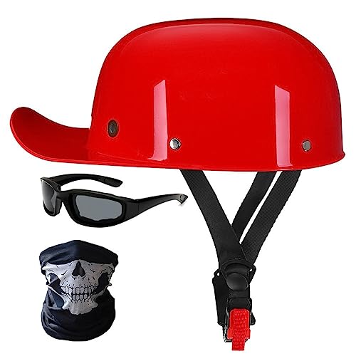 HHSDB Halbschalenhelm Motorradhelm ECE-Zulassung Baseball Cap Mit Fahrradbrille Fahrradvisier Cruiser Chopper Scooter Helm Herren Retro Motorrad Halbhelm Männer Frauen Mofa Helm 57-62cm Rot