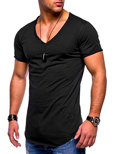 Rello & Reese Herren T-Shirt Kurzarm Basic Oversize V-Neck MT-7102 [Schwarz, XL]