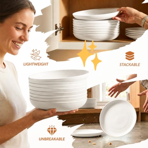 Image of Homienly Wheat Straw Plates Set of 8 Unbreakable Microwave and Dishwasher Safe Plates for Dessert Lightweight Dinner Plates for Kitchen, Camping, Picnic, RV, Stackable Salad Plates (9 inch, White)