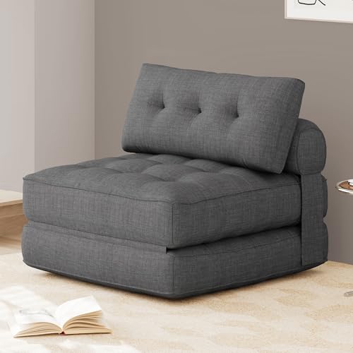 KINGYES Folding Sofa Bed, Convertible Sleeper Chair with Pillow, Foldable Single Futon Chair Floor Sofa Lounge for Living Room, Grey