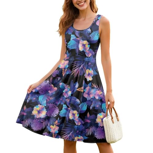 Image of Women Stylish Tank Dresses Sleeveless Round Neck Midi Casual Dress with Pocket for Summer