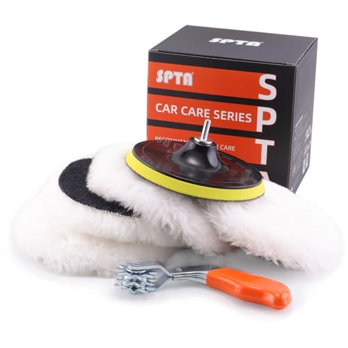 Lammfell pad, Lammwollhaube, Lammfell, SPTA 5tlg 180mm Polieren polierscheibe Polierset Set Wolle Pad Lammwolle 180mm Klett pad polierscheibe + M14 Bohrer Adapter für Auto poliermaschine -HWPPS7M14M6