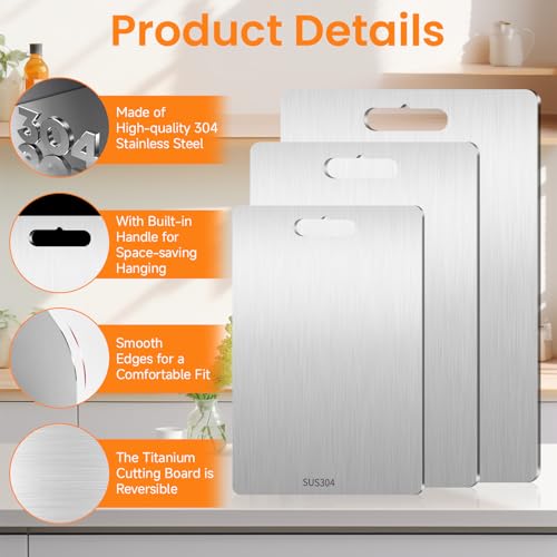 Titanium Chopping Board, 3 PCS Chopping Board Set, 304 Stainless Steel Cutting Boards for Meat, Vegetables, Fruit, Double-Sided Food Grade Cutting Board for The Kitchen, Dishwasher-Safe - Image 4