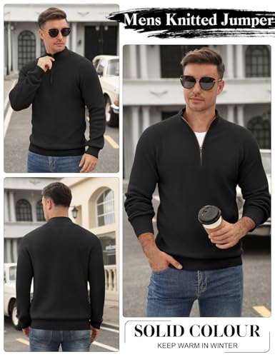 TOMEEK Jerséis para Hombre de Cuello Redondo Alto con Cremallera Cuarto Jersey para Hombre Manga Larga Pullover Slim Fit Sólido de Punto(Negro,L) - imagen 2