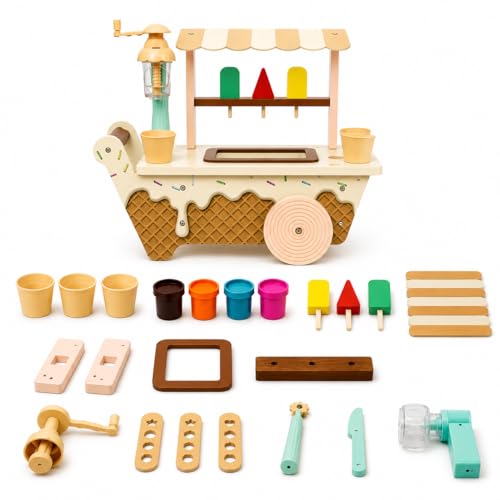 Image of Chanak Play Dough Ice Cream Maker Set, Safe Non-Toxic Wooden Ice Cream Cart Toy with Clay Machine for Kids 3+, Montessori Pretend Play Toy Cafe, Perfect Learning Gift Ice Cream Toys for Girls & Boys