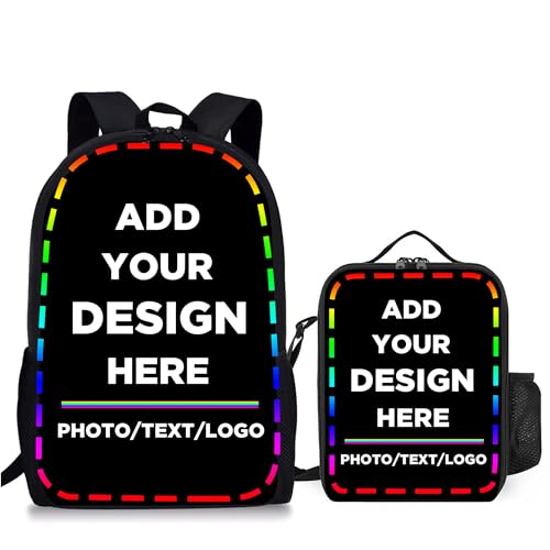 Custom Backpackand and Lunch Bag, Personalized Lightweight School Bookbag with Lunch Tote Bag Add Your Photo Text for Boys and Girls, Travel, Work