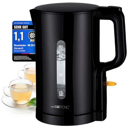 Clatronic® Wasserkocher 1,7L | 2200W für schnelles Erhitzen | BPA frei | Einhandbedienung | Wasserstandsanzeige | Kettle | Überhitzungsschutz | WK 3835 schwarz