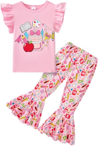 Image of Little Girls 2 Piece Outfits Ruffle Sleeve Unicorn Sweatshirts Top and Leggings Set School Outfits Kids Clothing Set